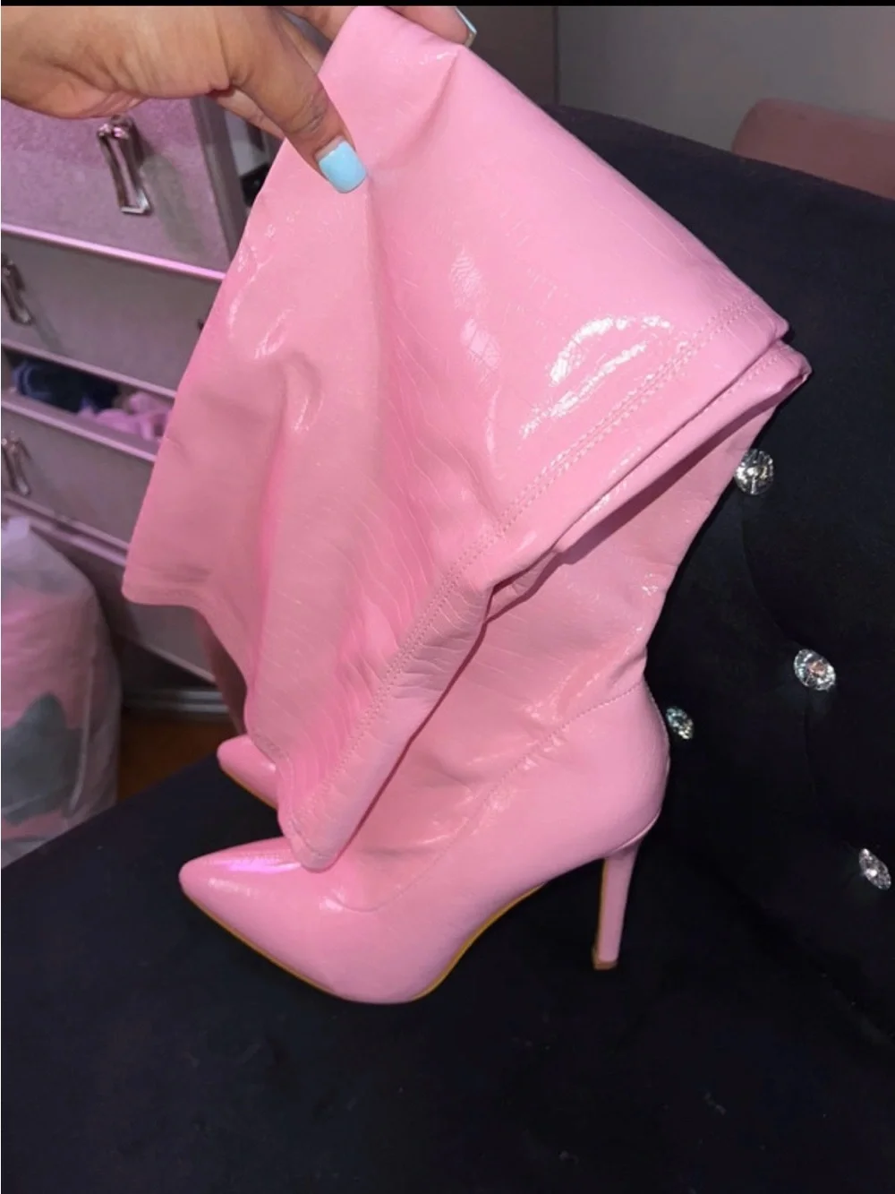 Pink Patent Pointed-Toe Stiletto Knee-High Boots